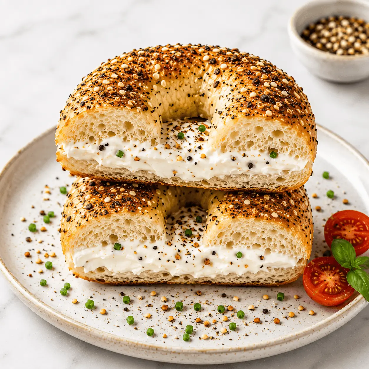 High protein cottage cheese bagels sliced and filled with cream cheese on a ceramic plate with everything seasoning