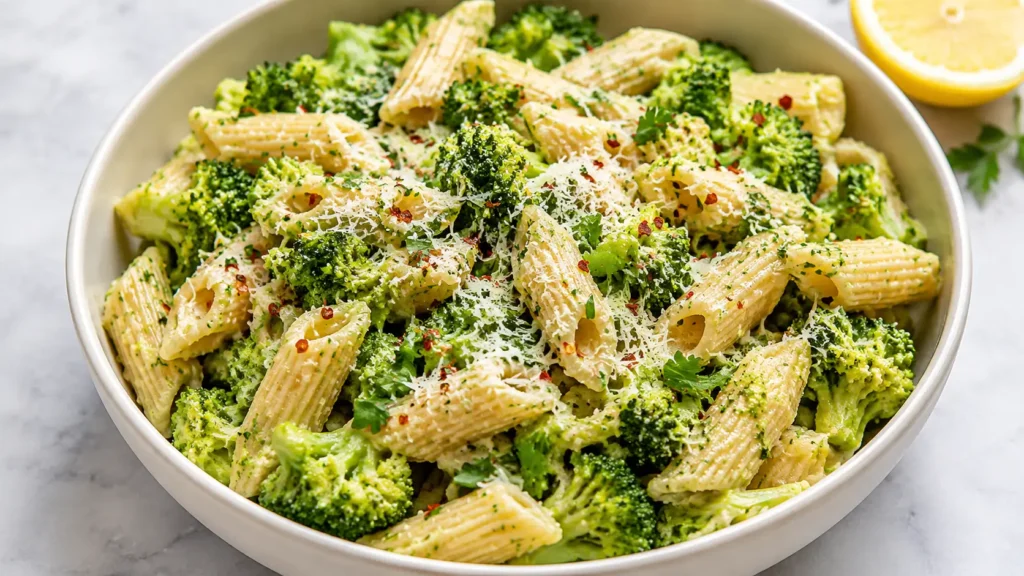 Broccoli pasta in a white bowl with rigatoni, fresh broccoli, Parmesan, red pepper flakes, herbs, and lemon.