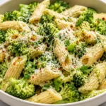 Broccoli pasta in a white bowl with rigatoni, fresh broccoli, Parmesan, red pepper flakes, herbs, and lemon.