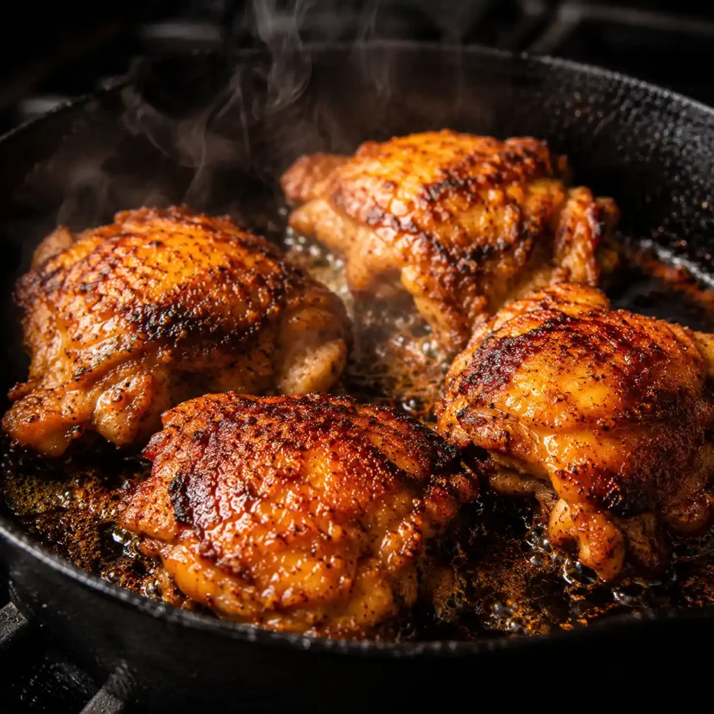 Chicken thighs searing in a cast iron skillet until golden brown, creating a crispy crust for a low carb chicken casserole.