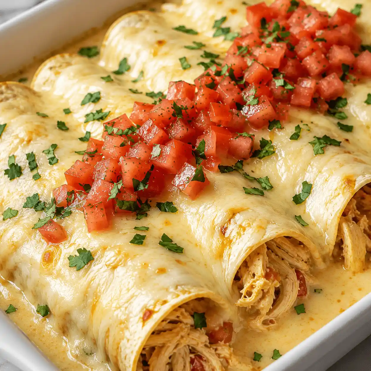 Creamy queso chicken enchiladas topped with melted cheese, fresh diced tomatoes, and cilantro in a rich baked casserole.