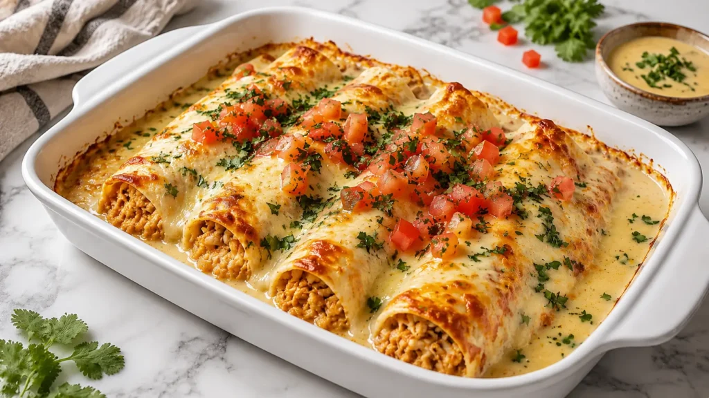 Creamy White Chicken Enchiladas baked with melted cheese, diced tomatoes, and fresh herbs in a casserole dish