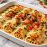 Creamy White Chicken Enchiladas baked with melted cheese, diced tomatoes, and fresh herbs in a casserole dish