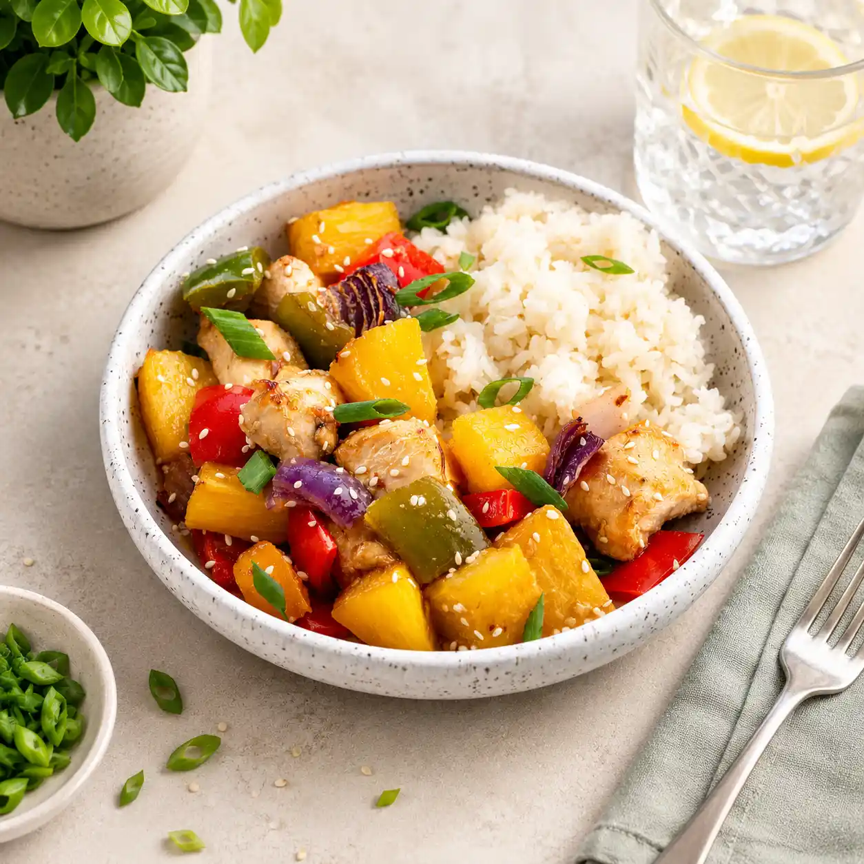 Pineapple chicken rice bowl with bell peppers, onion, sesame seeds, and fluffy rice served in a healthy dinner bowl.