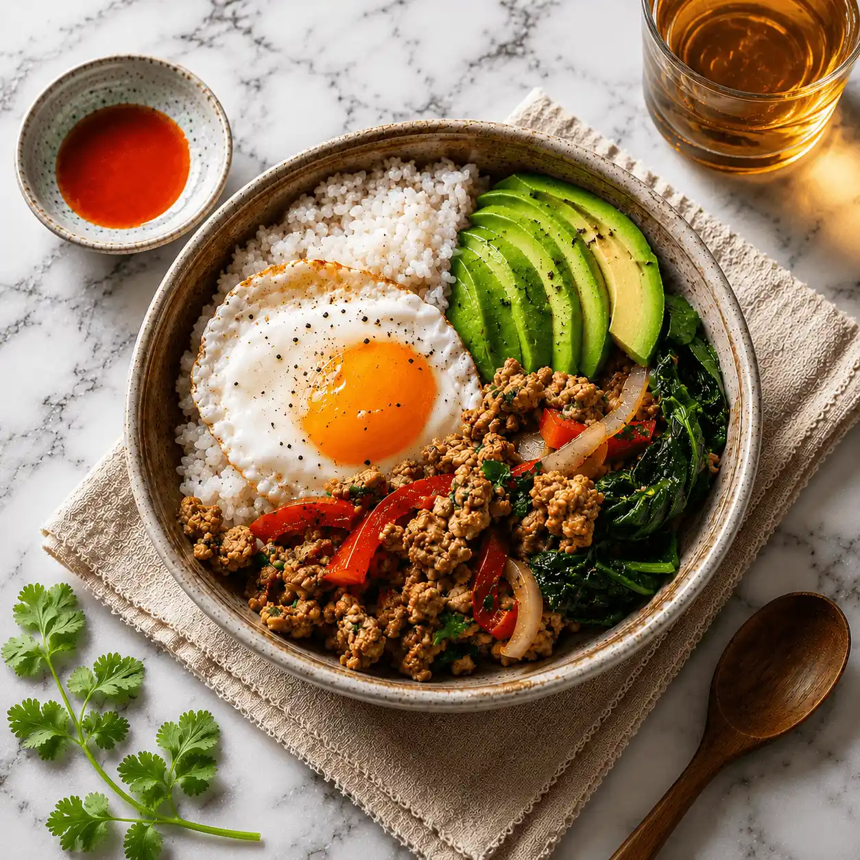 Healthy turkey breakfast bowl recipe with egg, avocado, rice, spinach, and peppers served in a ceramic bowl