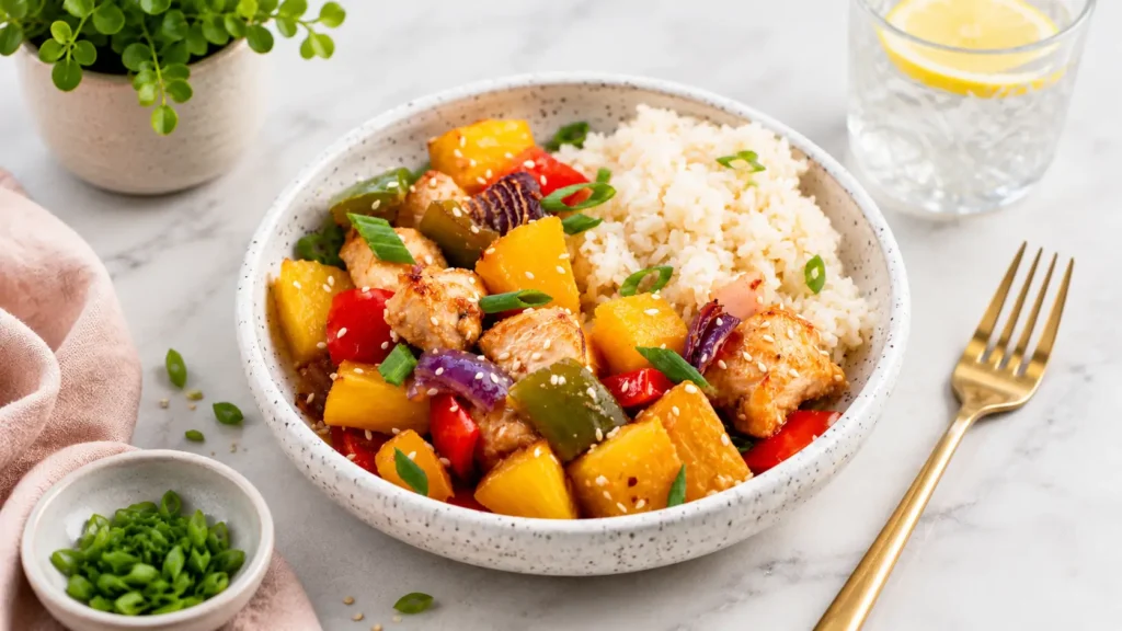 Pineapple chicken rice bowl with bell peppers, sesame seeds, and fluffy rice served in a ceramic bowl for dinner.