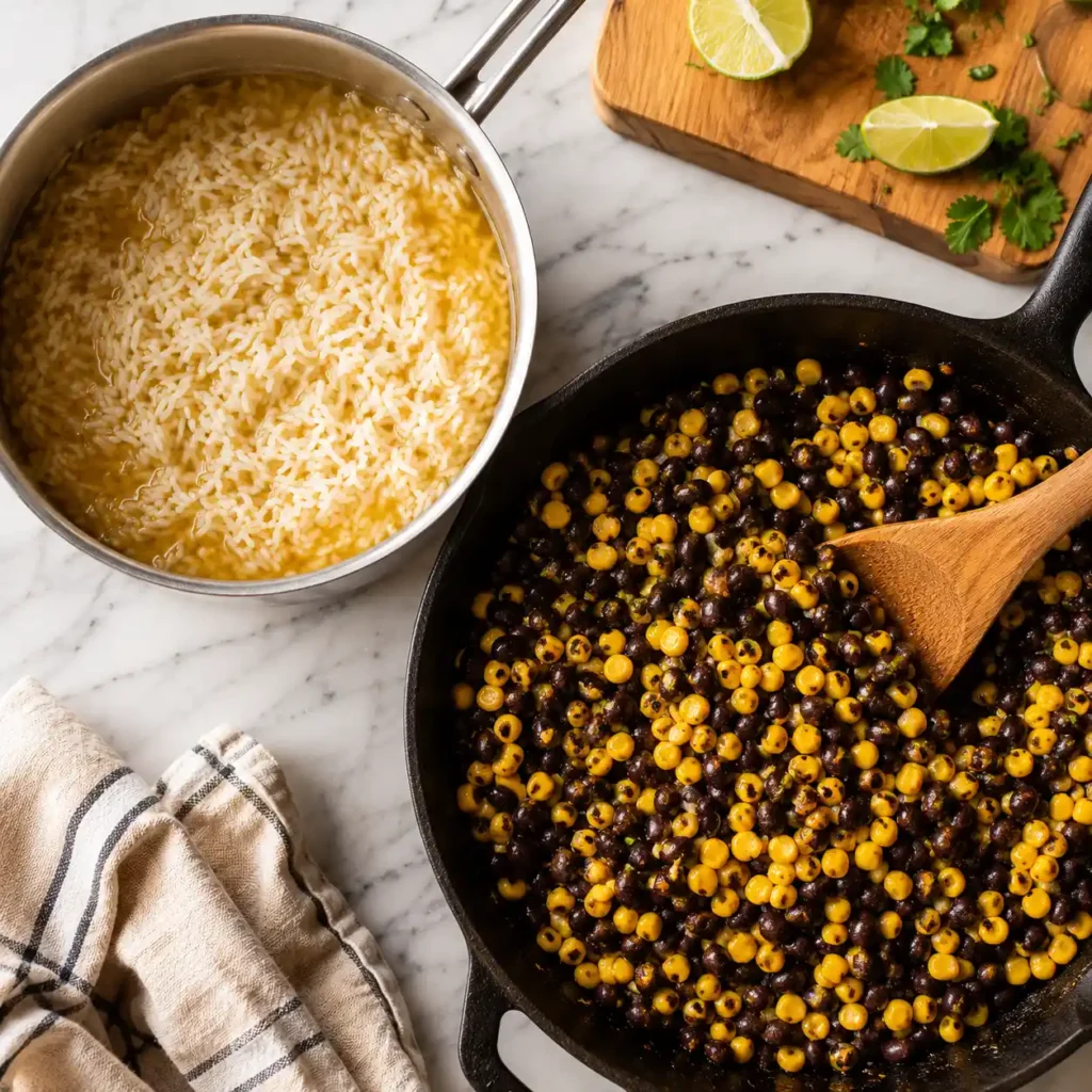 Rice simmering in chicken broth beside black beans and roasted corn, a key meal prep step for a high protein burrito bowl.