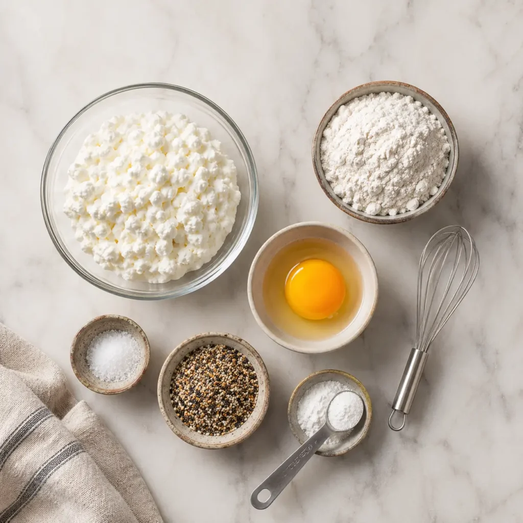 High protein cottage cheese bagel ingredients including cottage cheese, flour, egg, baking powder, and seasoning