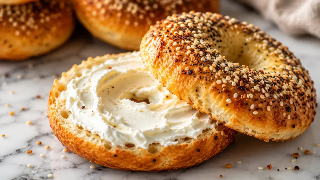 High protein cottage cheese bagel with cream cheese and everything bagel seasoning on a marble countertop