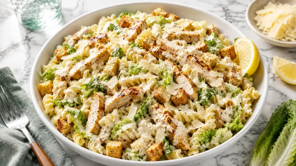 Creamy Chicken Caesar Pasta Salad with rotini, grilled chicken, romaine lettuce, parmesan, and crunchy croutons.