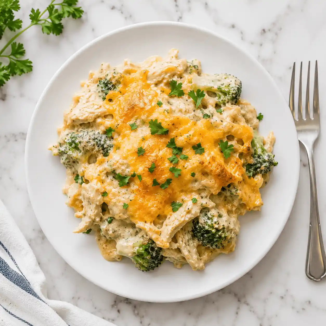 Creamy chicken and broccoli casserole topped with melted cheddar cheese and fresh parsley, served on a white plate over a marble background.