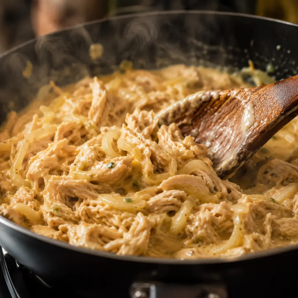 Creamy shredded chicken filling cooking with onions and cheese sauce in a skillet for white chicken enchiladas