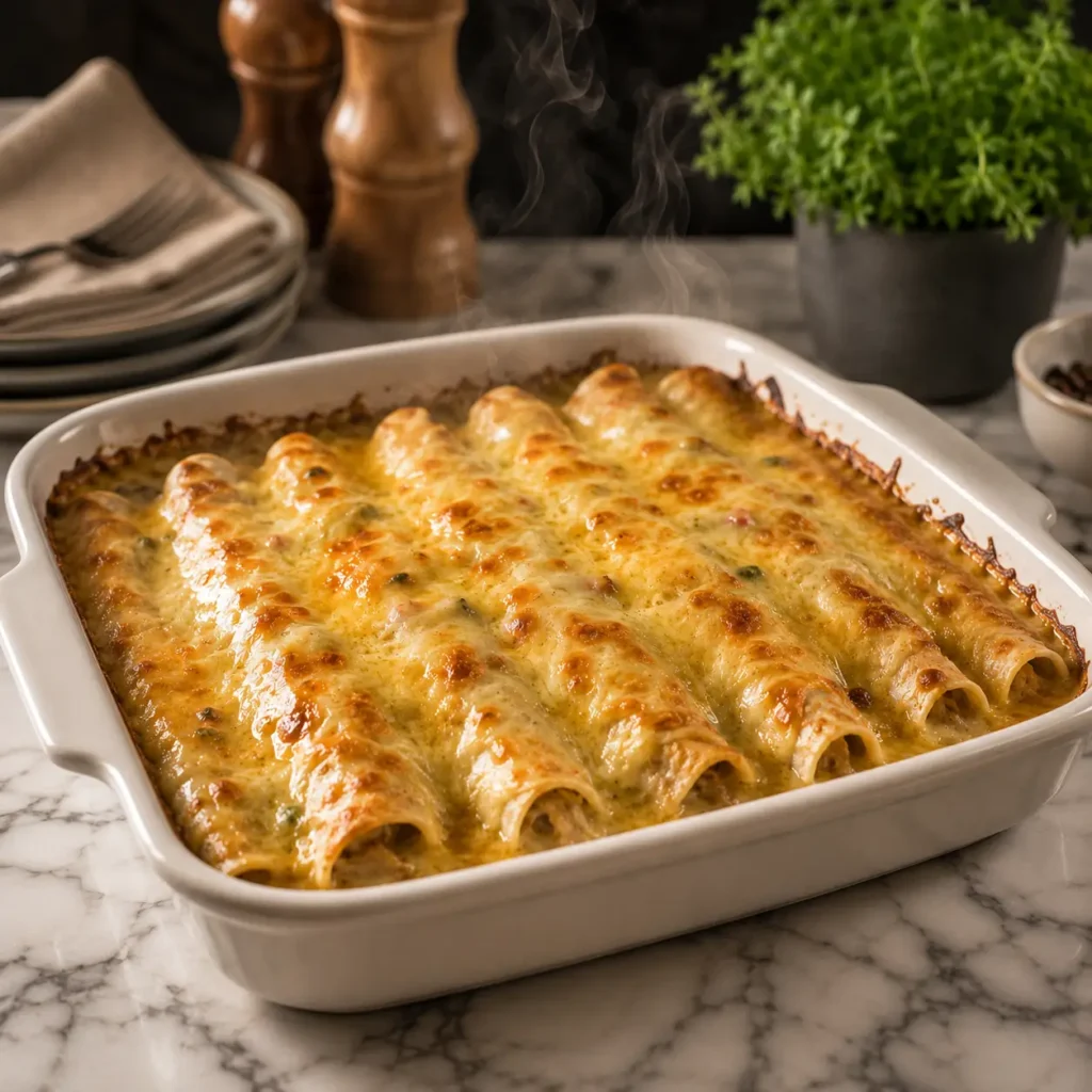 Creamy queso chicken enchiladas baked in a casserole dish with melted golden cheese, served hot for an easy dinner recipe.