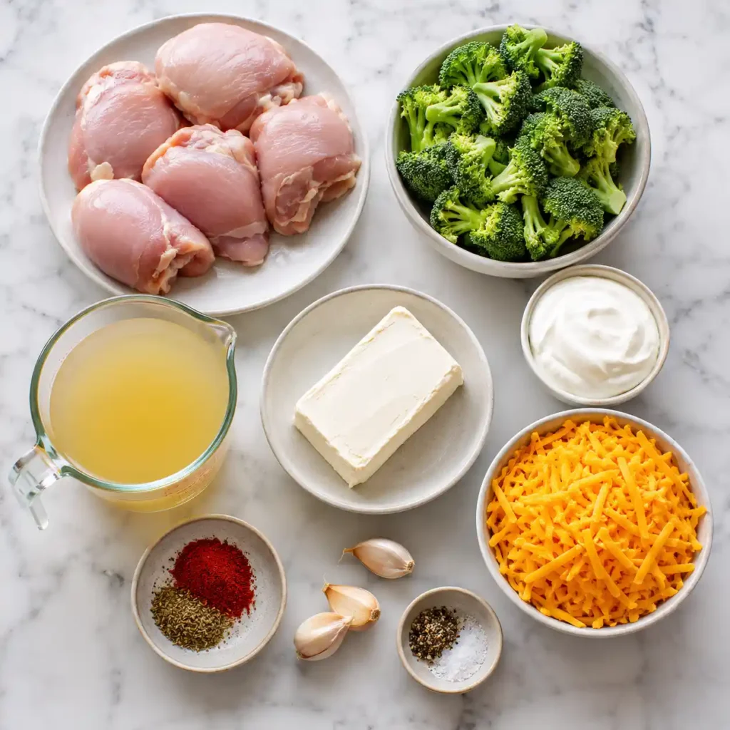 Ingredients for creamy low carb chicken casserole including chicken thighs, broccoli, cheddar cheese, cream cheese, broth, and spices.