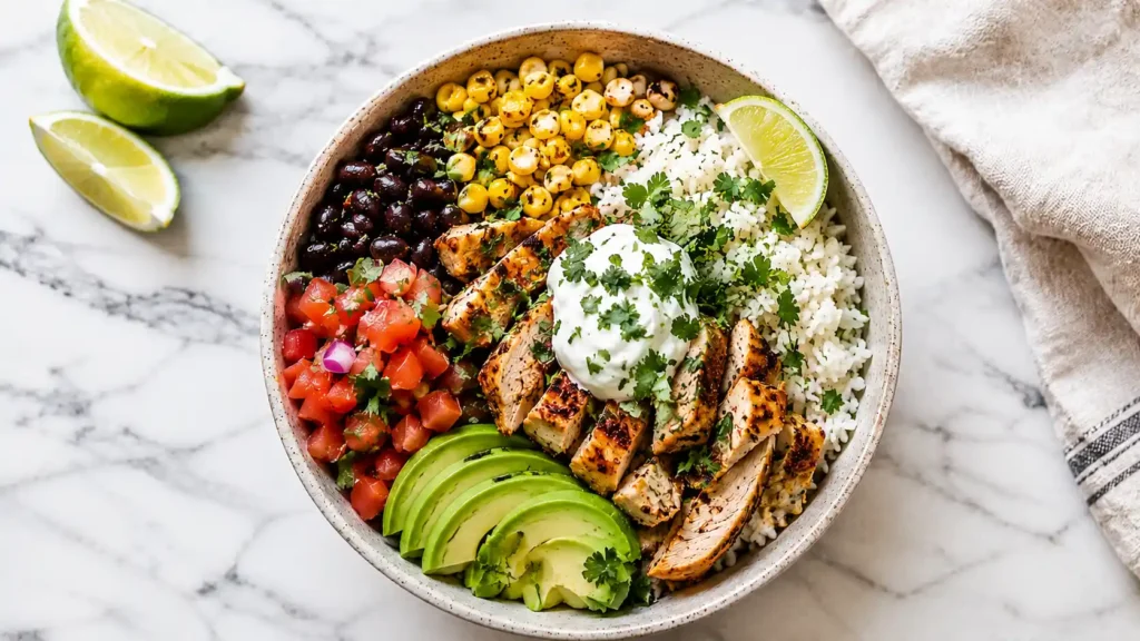 Healthy chicken burrito bowl with cilantro lime rice, black beans, grilled corn, avocado, pico de gallo and chicken.