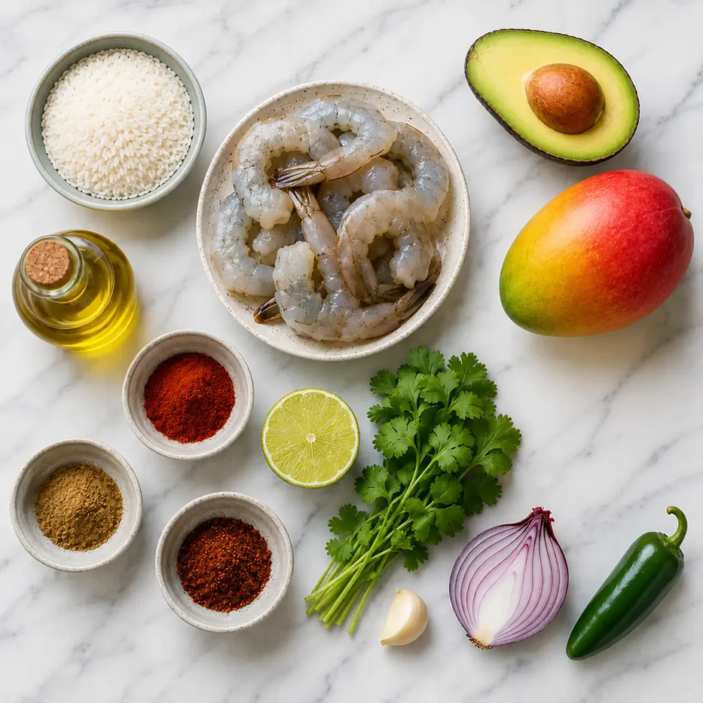 Raw ingredients for Grilled Shrimp Avocado Bowl including shrimp, avocado, mango, rice, lime, spices, and fresh herbs.