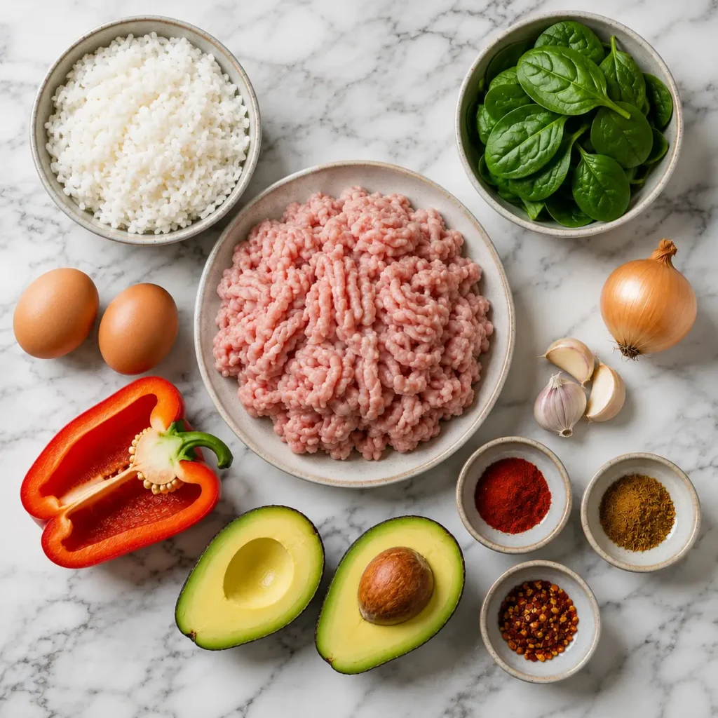 Healthy turkey breakfast bowl with fried egg, avocado, rice, spinach, and peppers served in a ceramic bowl