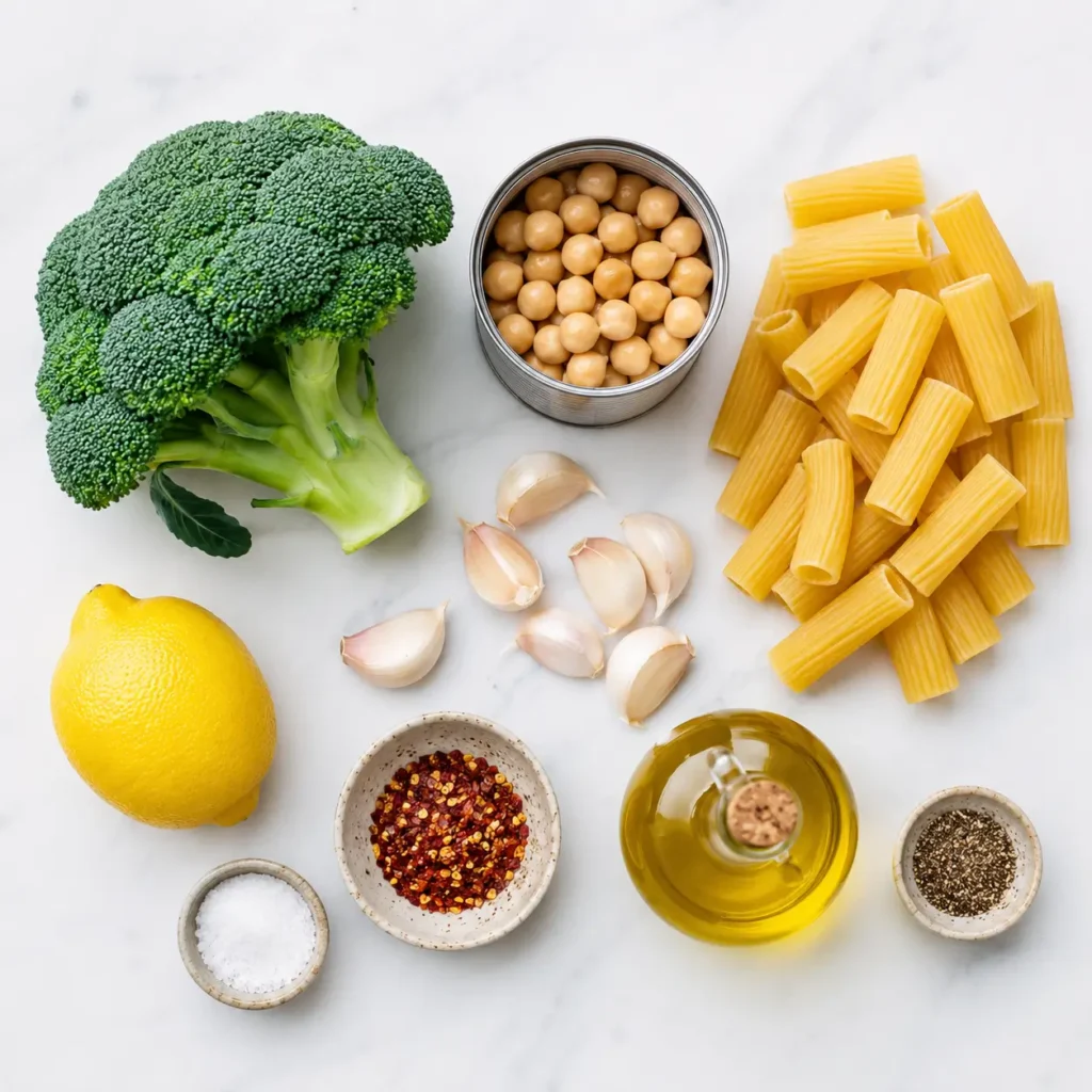 Broccoli chickpea pasta ingredients with fresh broccoli, chickpeas, rigatoni, garlic, lemon, olive oil, salt, and pepper.