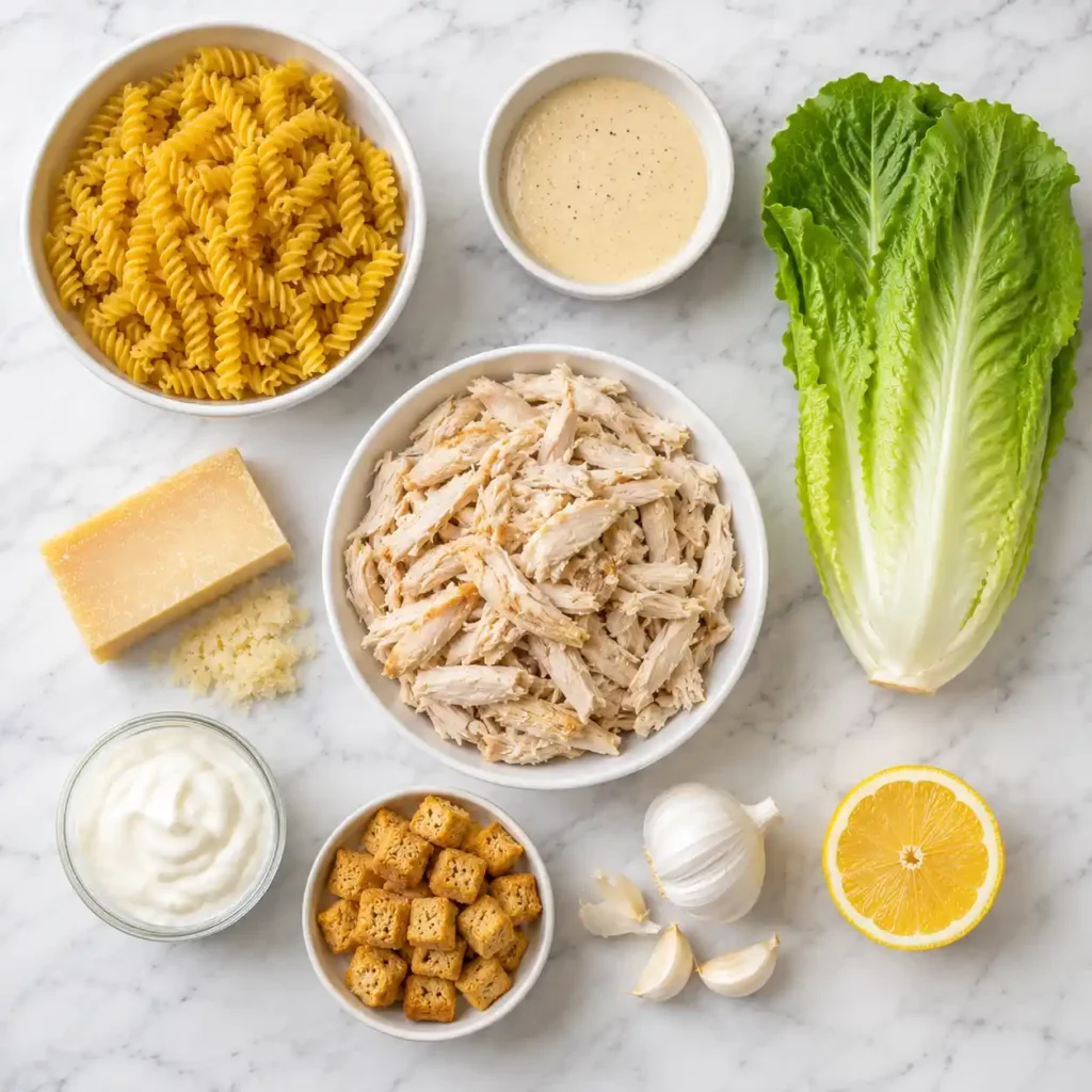 Chicken Caesar Pasta Salad ingredients including rotini pasta, shredded chicken, romaine lettuce, parmesan, croutons, and Caesar dressing.