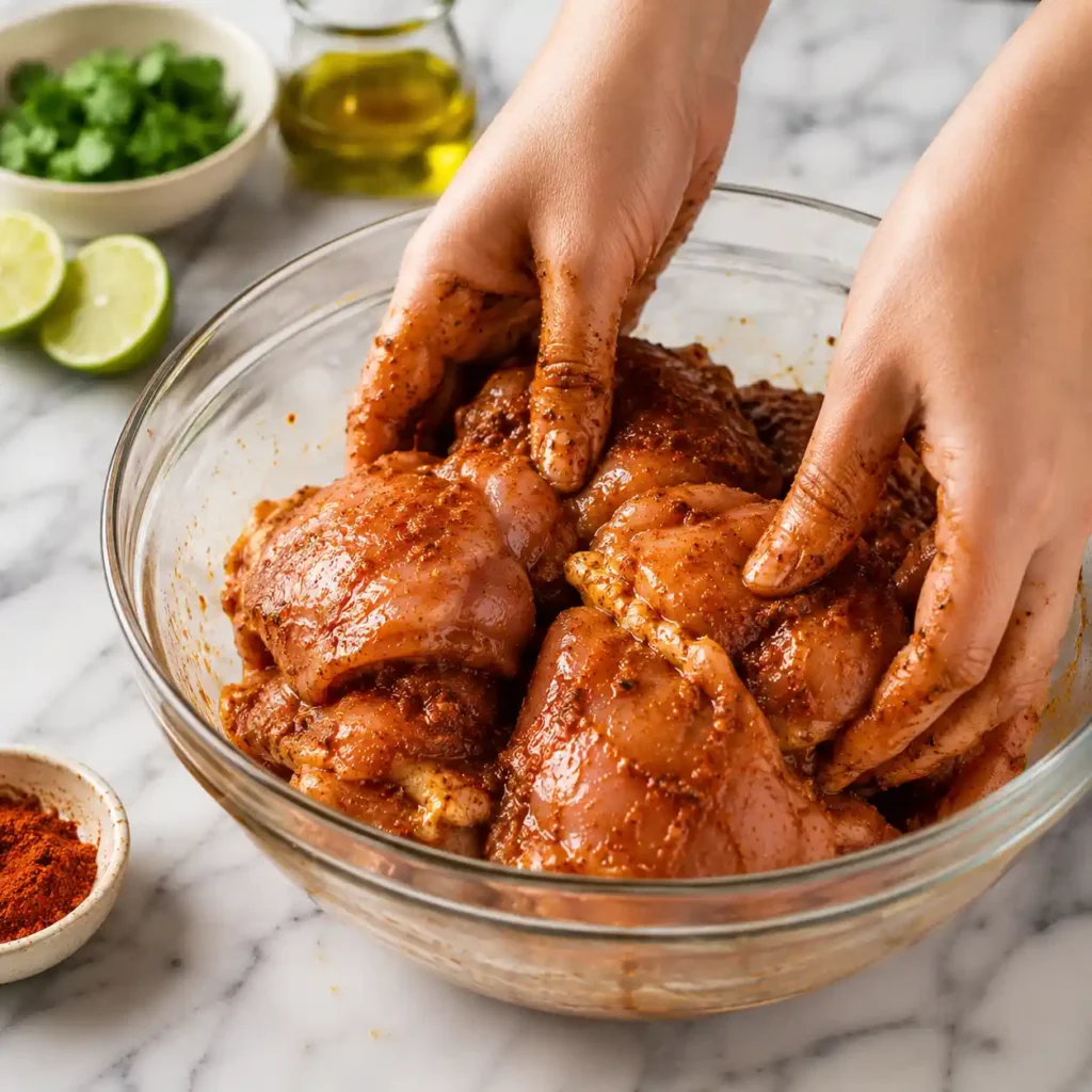 Hands coating chicken thighs in a spicy marinade with seasonings and lime for a homemade chicken burrito bowl.