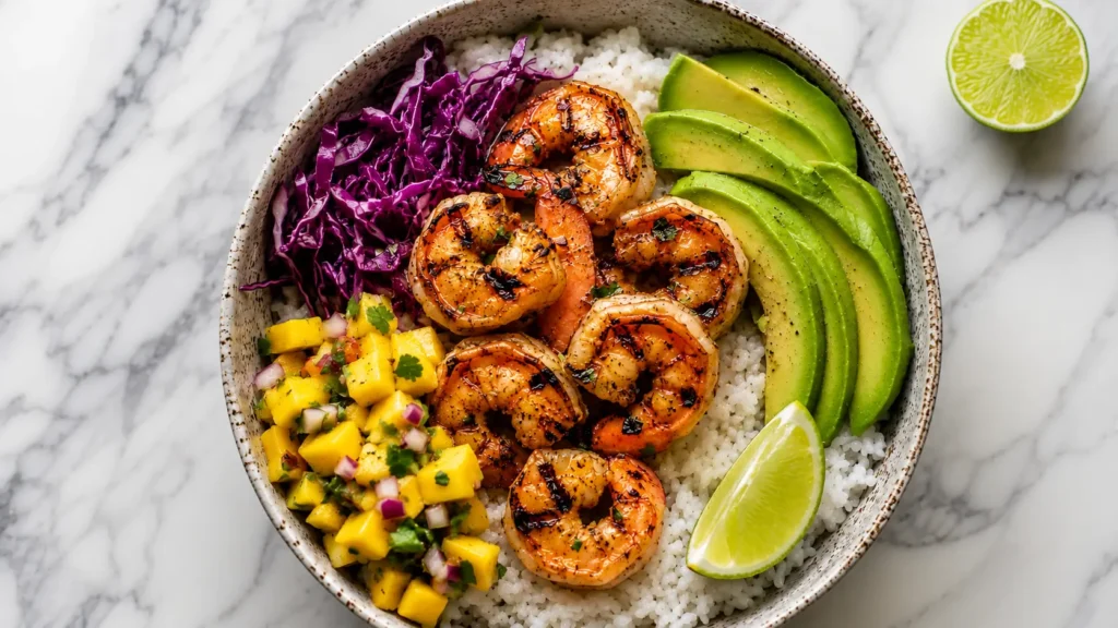 Grilled Shrimp Avocado Bowl with rice, mango salsa, purple cabbage, avocado slices, and lime on a marble surface.