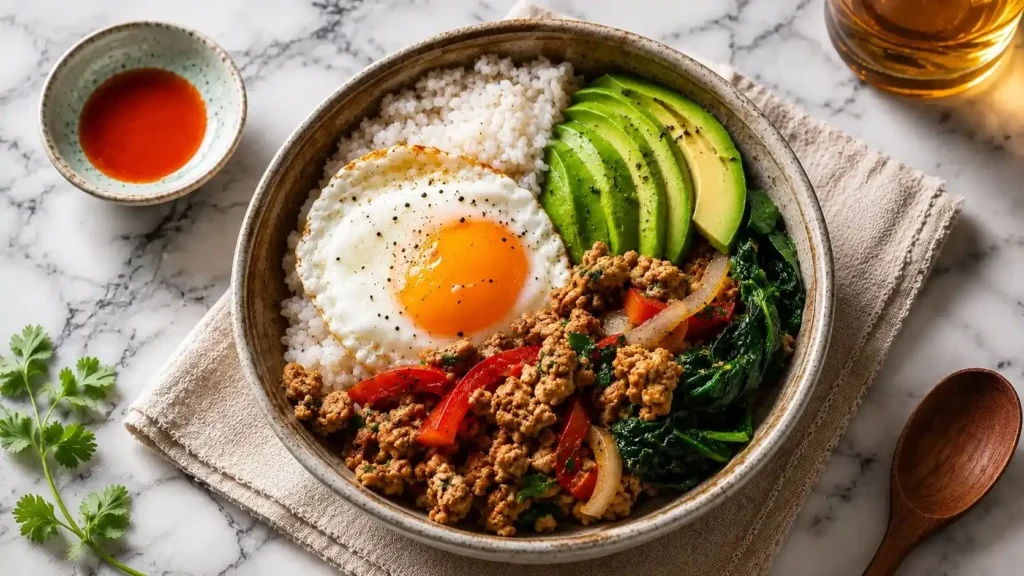 Healthy turkey breakfast bowl with fried egg, avocado, rice, spinach, and peppers served in a ceramic bowl