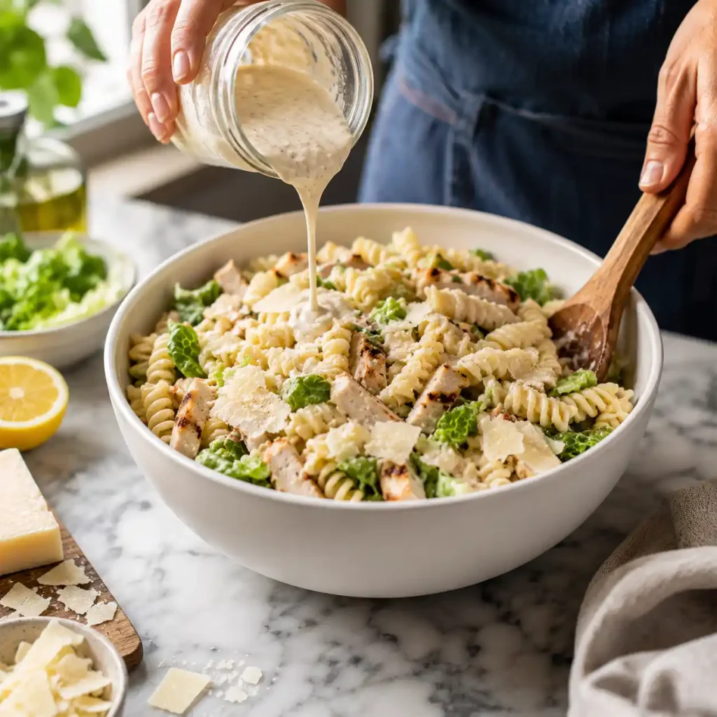 Chicken Caesar Pasta Salad being tossed with creamy Caesar dressing, rotini pasta, grilled chicken, romaine lettuce, and parmesan.