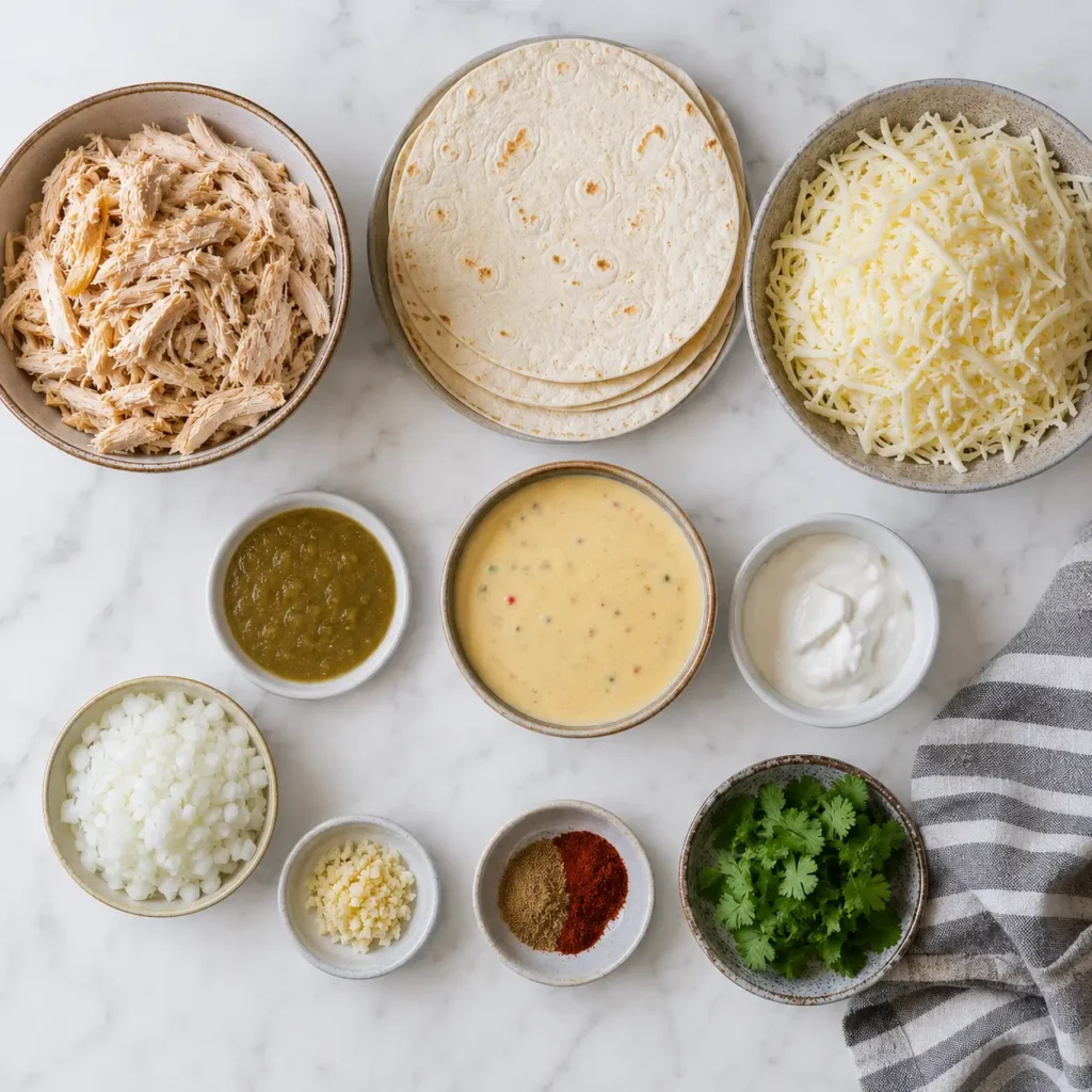 White Chicken Enchiladas ingredients with shredded chicken, tortillas, cheese, salsa verde, sour cream, and spices