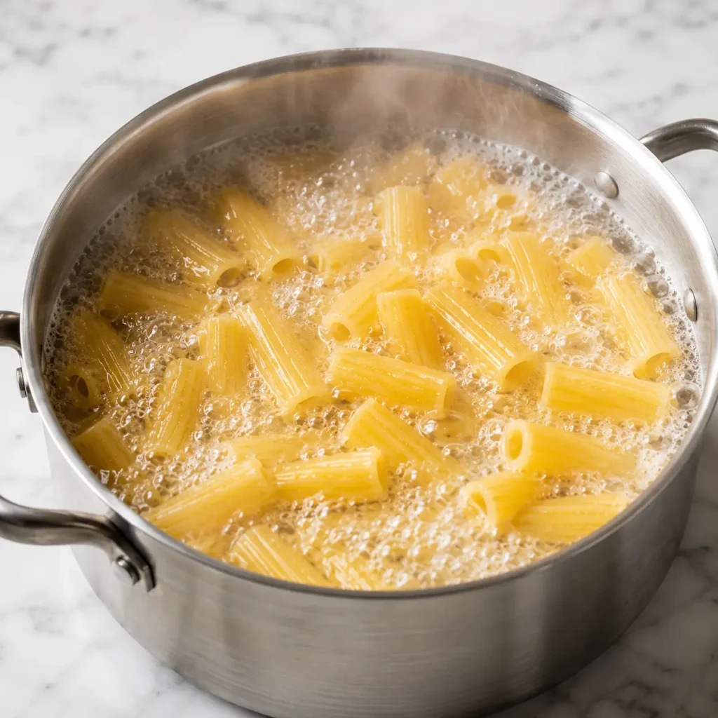 Creamy broccoli pasta in a white bowl with rigatoni, parmesan, red pepper flakes, parsley, and fresh lemon.