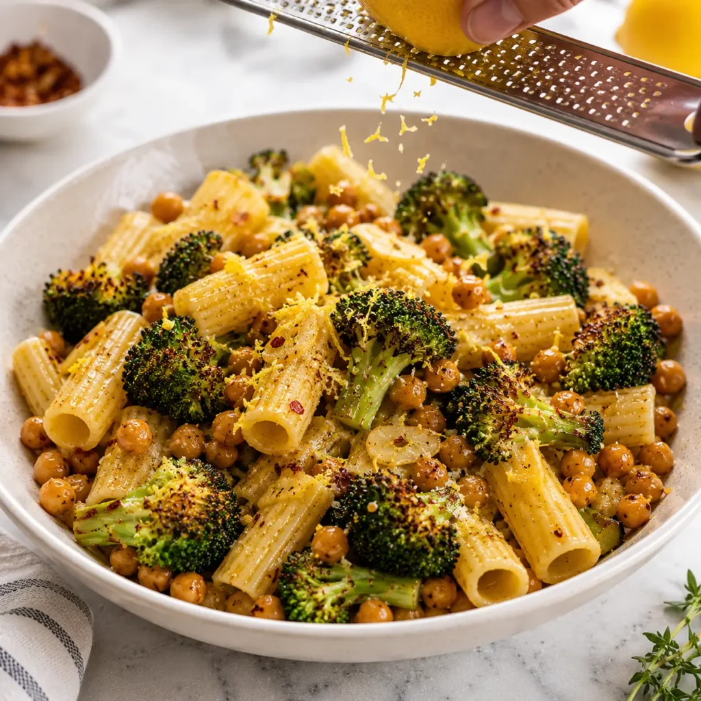 Broccoli chickpea pasta served in a white bowl with rigatoni, crispy chickpeas, lemon zest, garlic, and olive oil.
