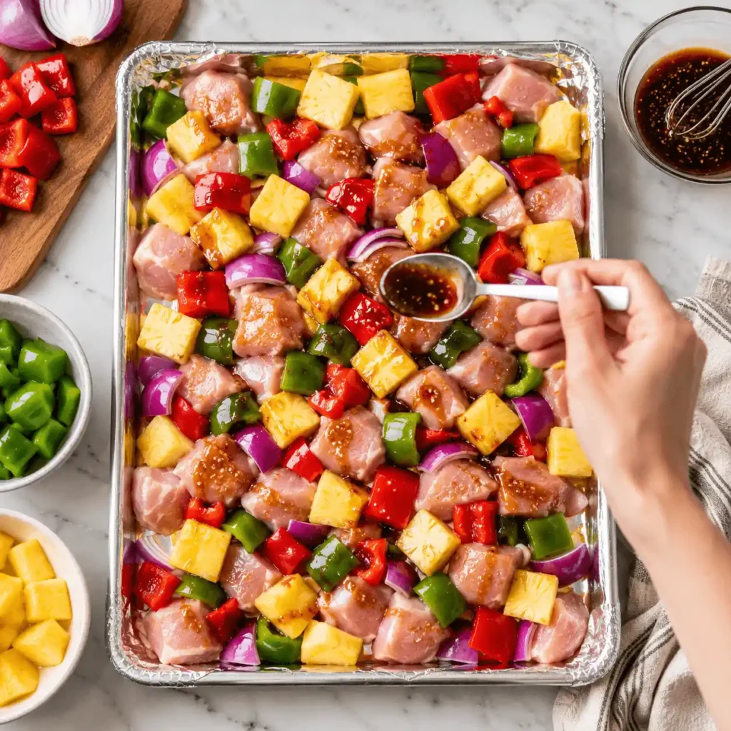 Pineapple chicken sheet pan with peppers and onion being coated in savory sauce before baking for an easy dinner.