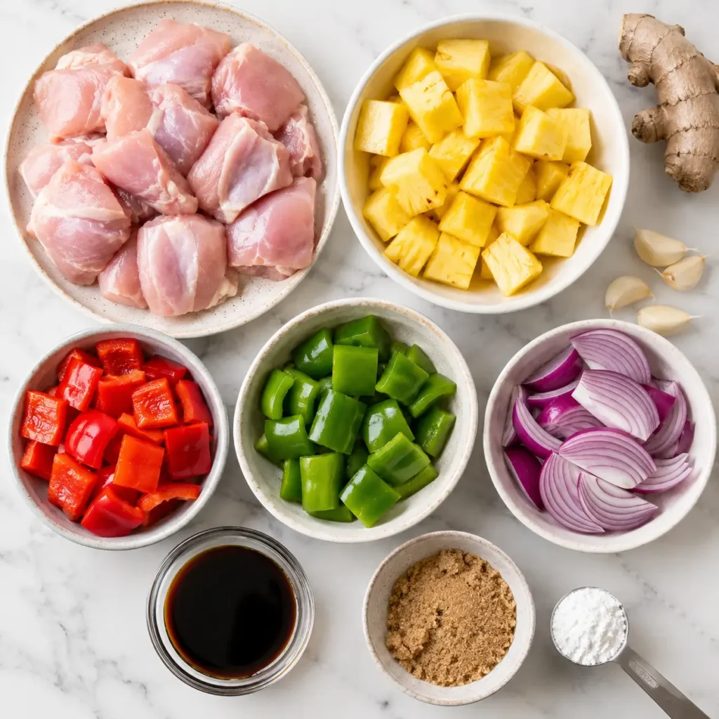 Fresh pineapple chicken stir fry ingredients with chicken thighs, peppers, onion, garlic, ginger, soy sauce, and sugar.