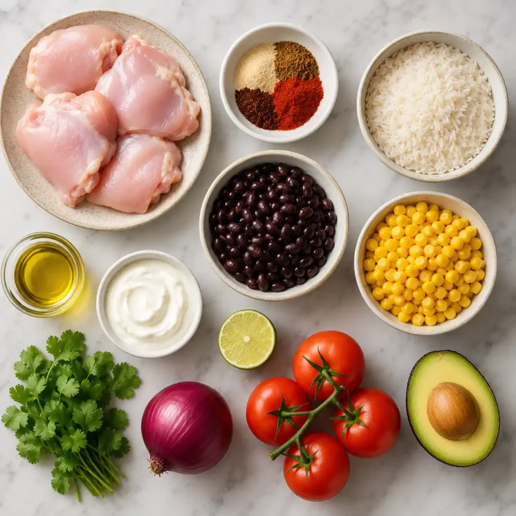 Chicken burrito bowl ingredients including chicken, rice, black beans, corn, avocado, tomatoes, onion, lime and cilantro.