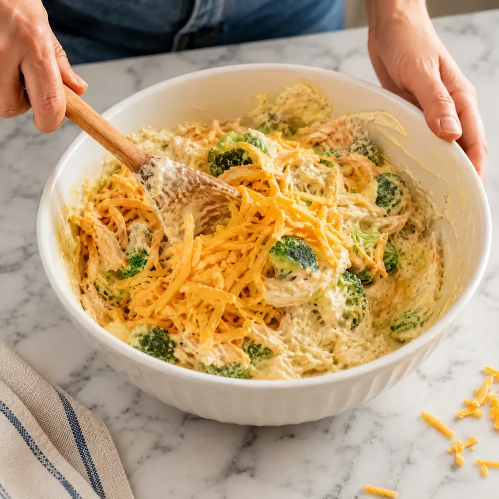 Mixing creamy low carb chicken casserole filling with broccoli, shredded chicken, and cheddar cheese in a large bowl.