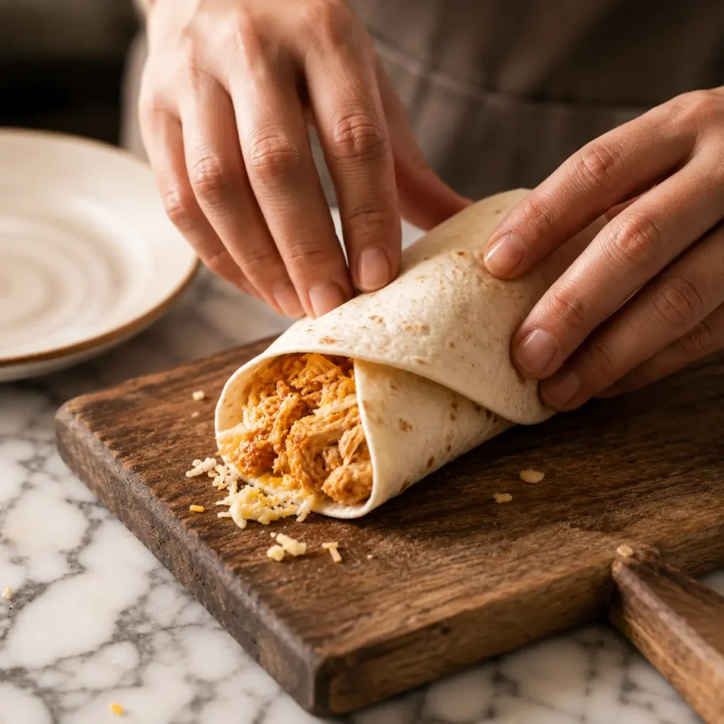 Rolling a flour tortilla with creamy shredded chicken filling for homemade White Chicken Enchiladas