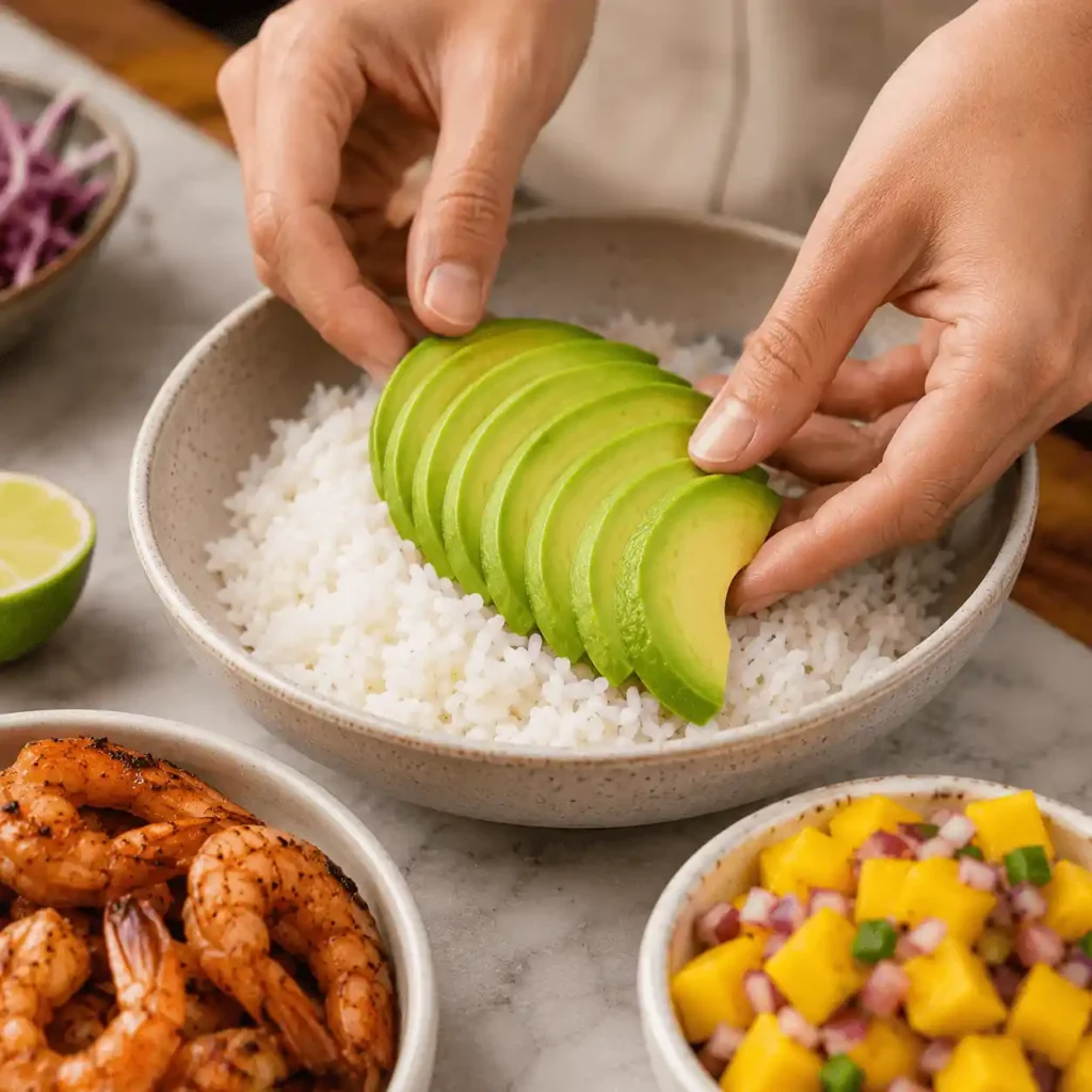Hands arranging fresh avocado slices over white rice while assembling a Grilled Shrimp Avocado Bowl with mango salsa.