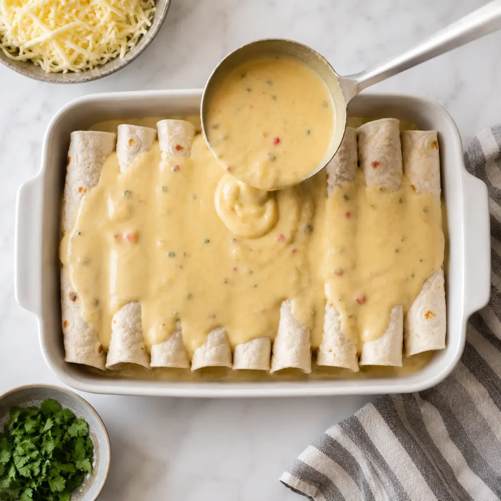 Pouring queso sauce over baked chicken enchiladas