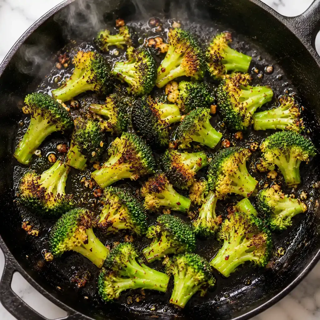 Broccoli florets searing in a cast iron skillet with olive oil, garlic, red pepper flakes, and golden charred edges.