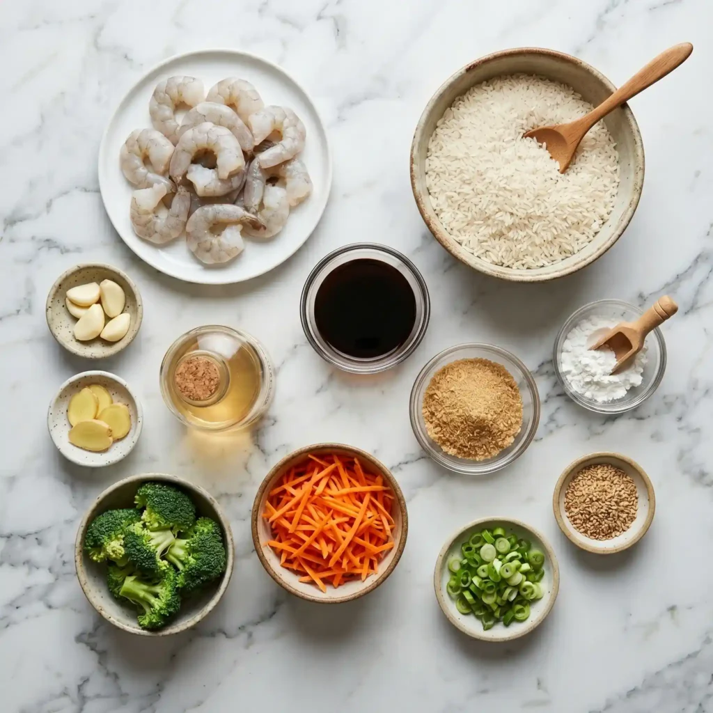 Teriyaki shrimp bowl ingredients arranged on a marble surface with rice, shrimp, broccoli, carrots, garlic, and sauce.