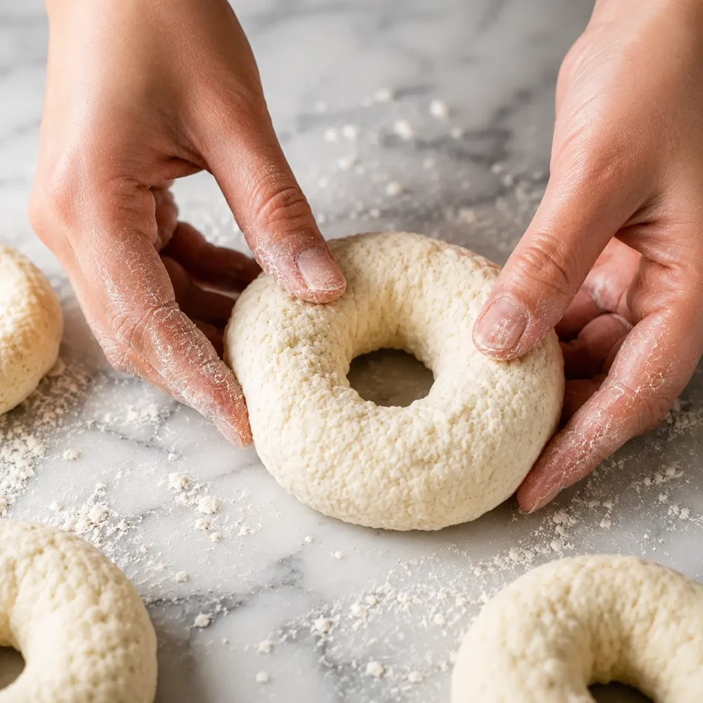 Hands shaping high protein cottage cheese bagel dough into a ring on a floured marble countertop before baking