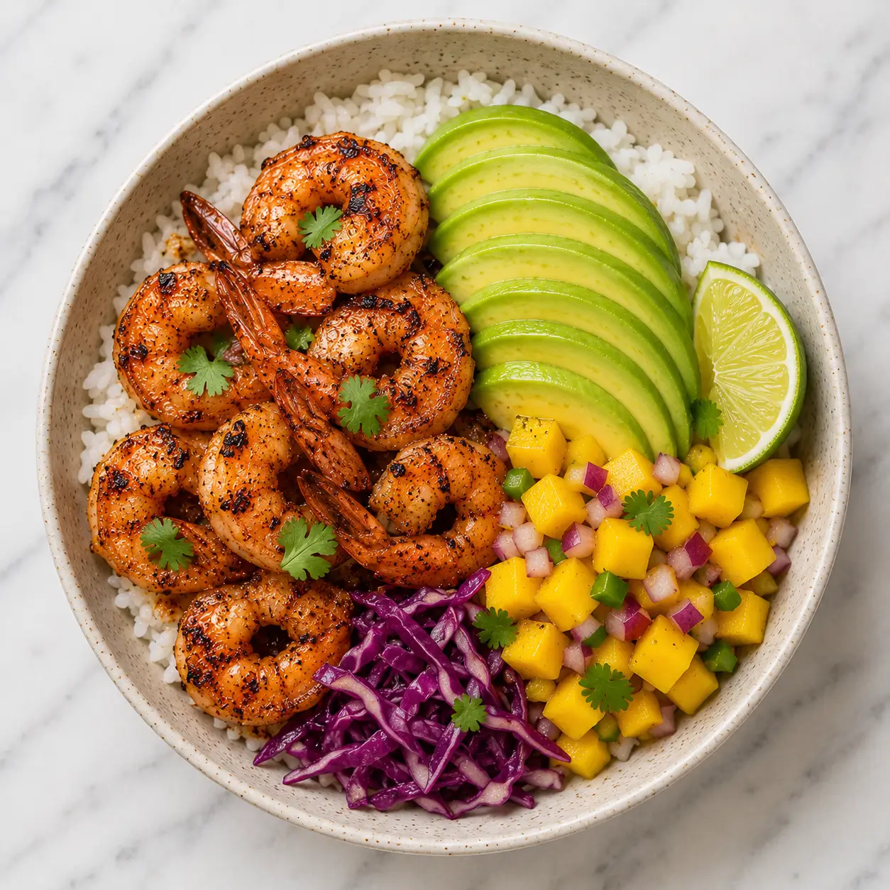 Grilled Shrimp Avocado Bowl with rice, mango salsa, purple cabbage, avocado slices, and lime served in a healthy bowl.