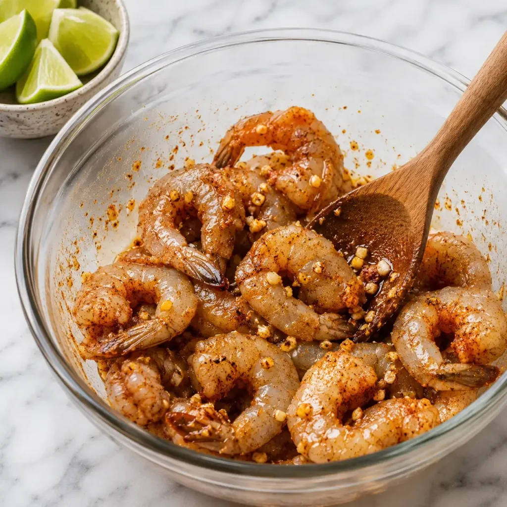 Raw shrimp coated with garlic, olive oil, smoked paprika, and chili powder in a bowl during the marinating step.