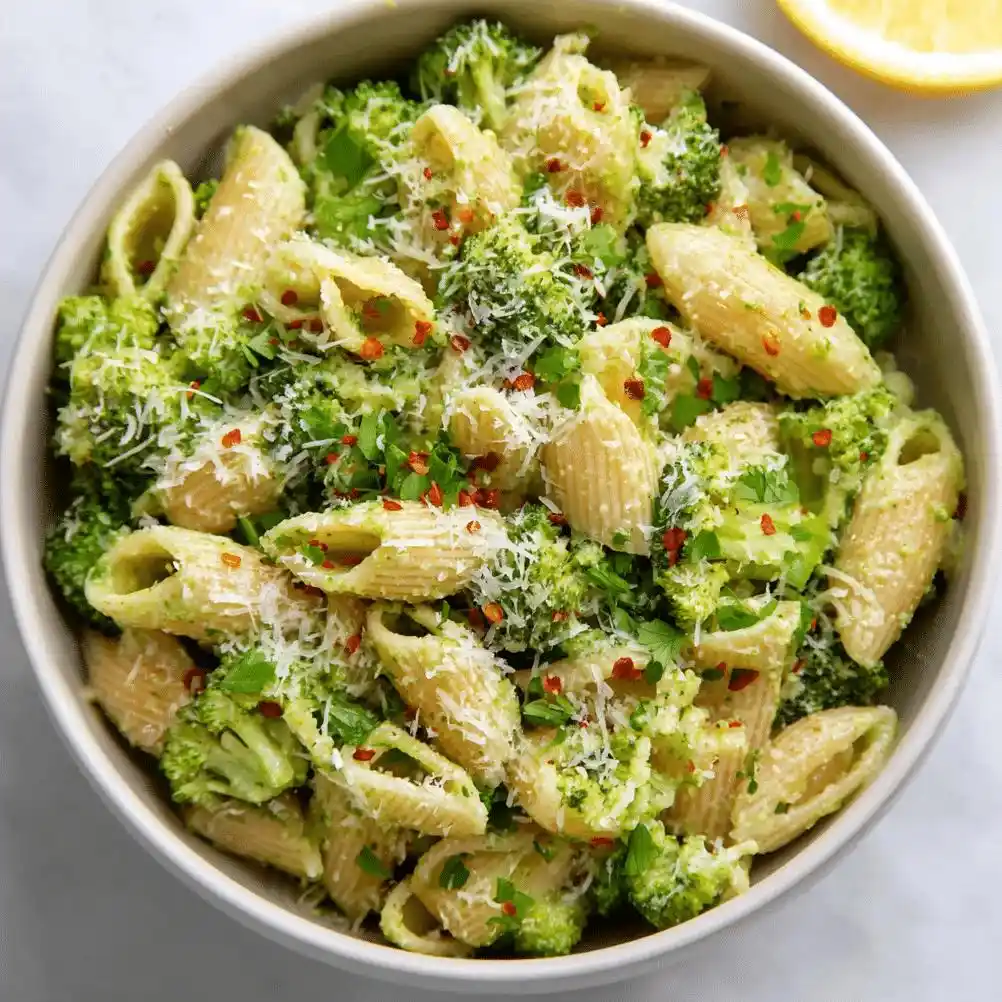 Broccoli chickpea pasta recipe card with penne, broccoli, Parmesan, red pepper flakes, parsley, and lemon.