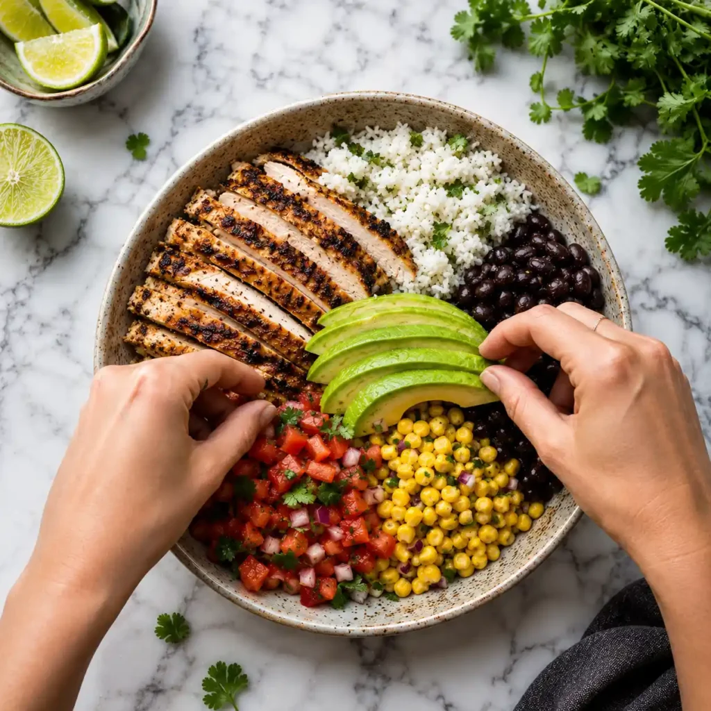 Finished high protein chicken burrito bowl topped with avocado, black beans, corn salsa, rice, and fresh pico de gallo.
