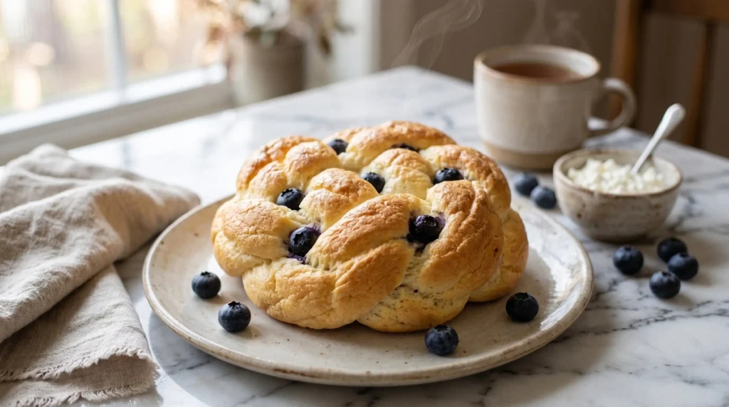 High protein blueberry cloud bread with cottage cheese served warm on a plate with fresh blueberries and cottage cheese