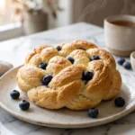 High protein blueberry cloud bread with cottage cheese served warm on a plate with fresh blueberries and cottage cheese