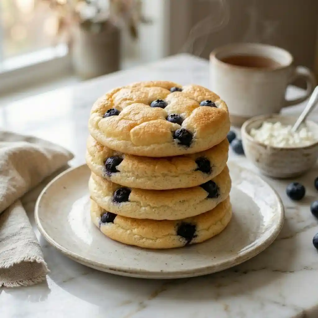 Stack of high protein blueberry cloud bread with cottage cheese on a white plate, ready to serve as a healthy breakfast