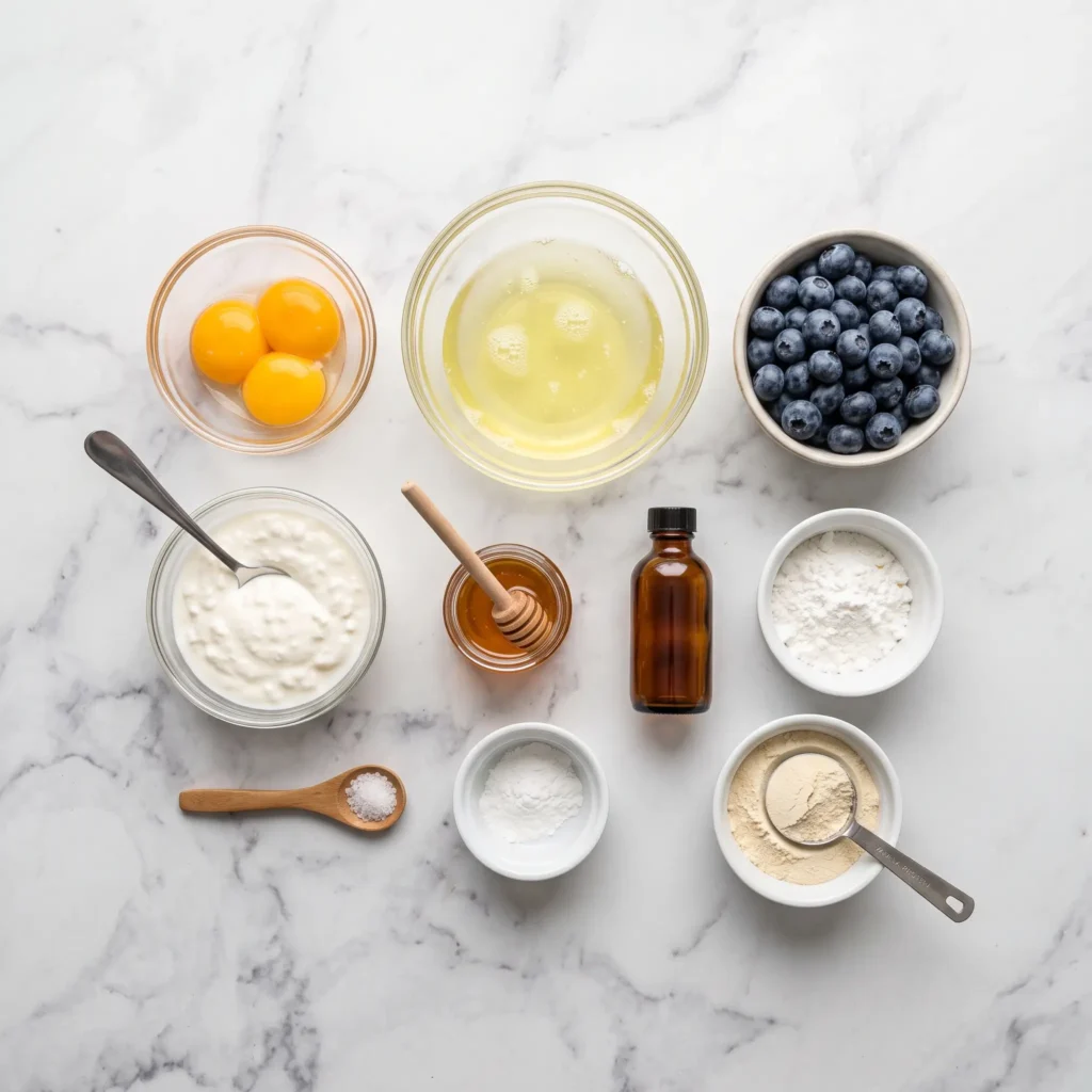 Ingredients for high protein blueberry cloud bread including cottage cheese, eggs, blueberries, honey, vanilla, protein powder, cornstarch and cream of tartar