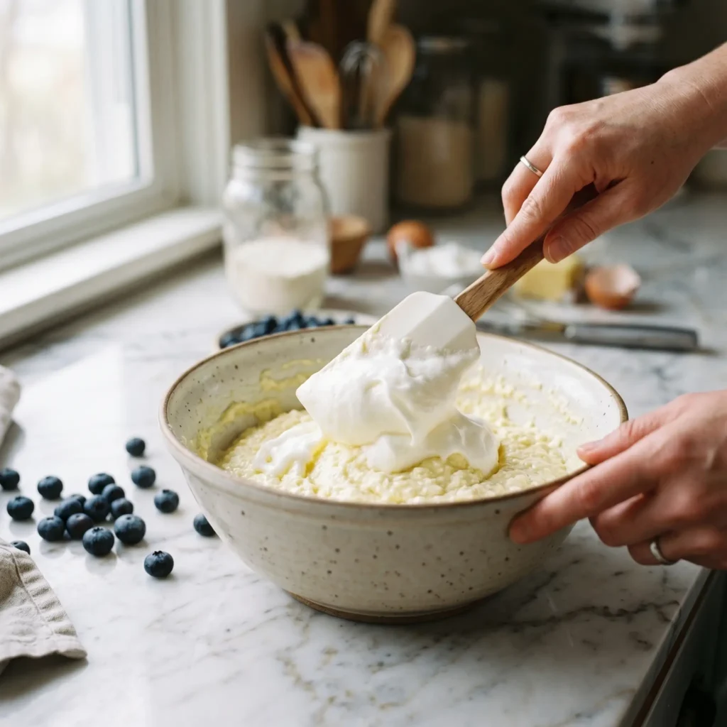 Folding whipped egg whites into cottage cheese batter for high protein blueberry cloud bread before adding fresh blueberries