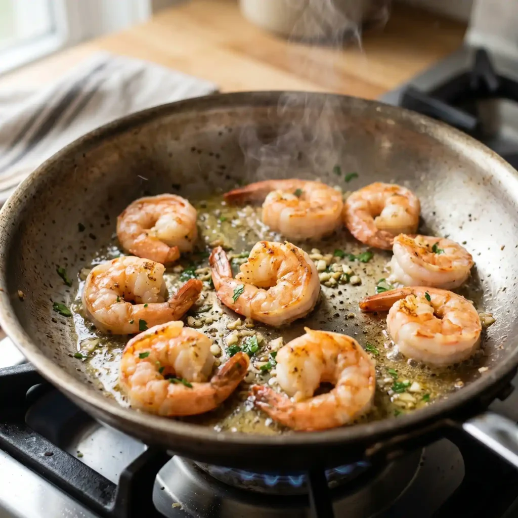 Teriyaki shrimp cooking in a skillet with glossy homemade sauce, creating a flavorful seafood dinner with rich texture.